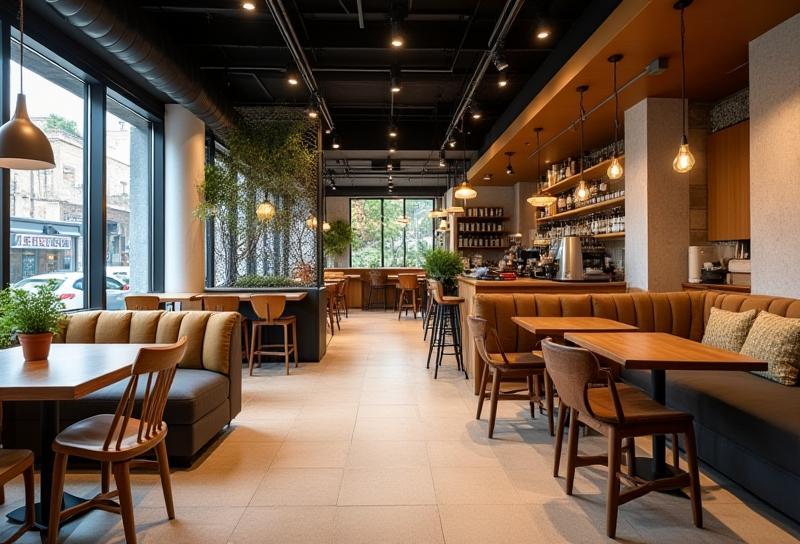 Stylish cafe interior with co-working tables and comfortable seating
