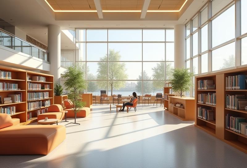 Modern public library interior with reading areas and natural light