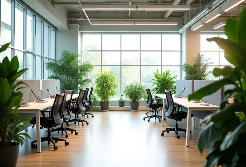 Bright and open office space with plants and modern furniture