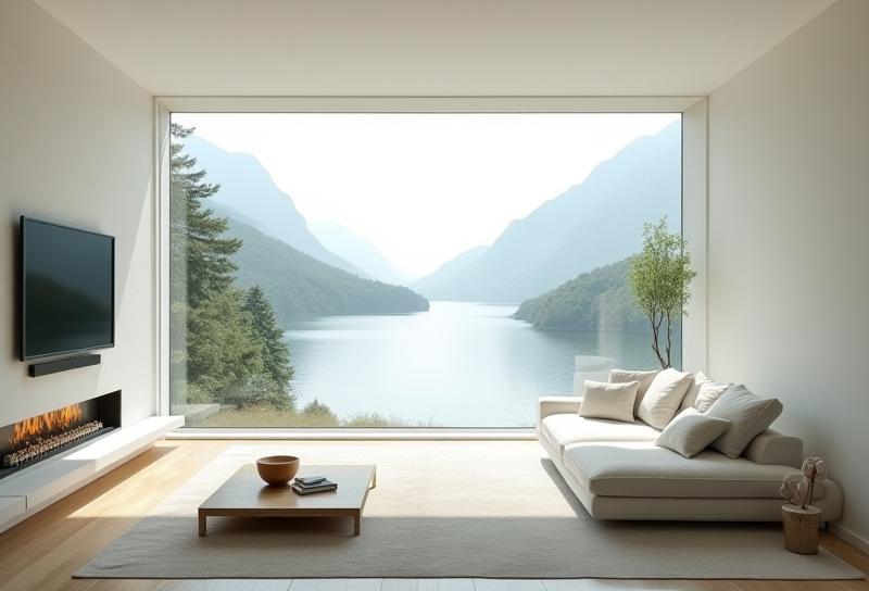 Living room with large windows overlooking a river and minimalist decor
